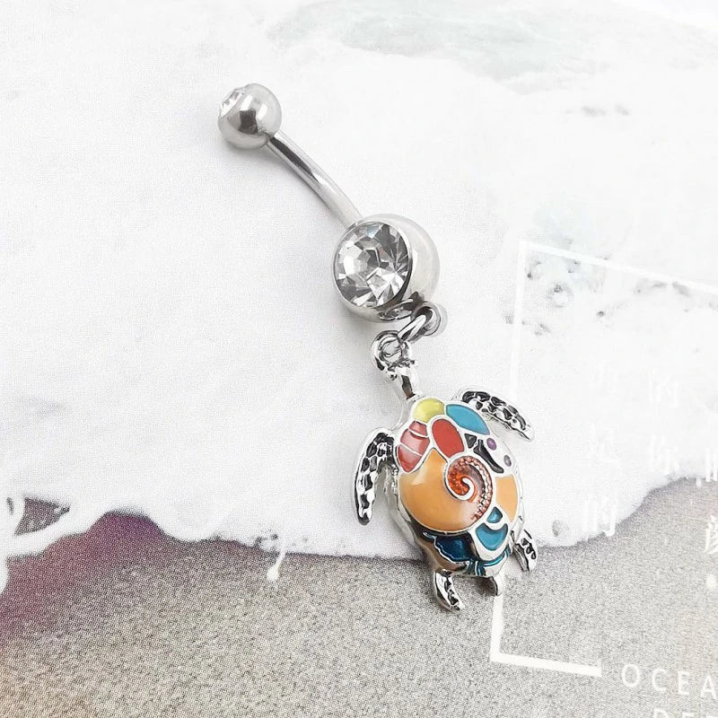 Multicolor Sea Turtle Curved Barbell Dangle Belly Button Ring