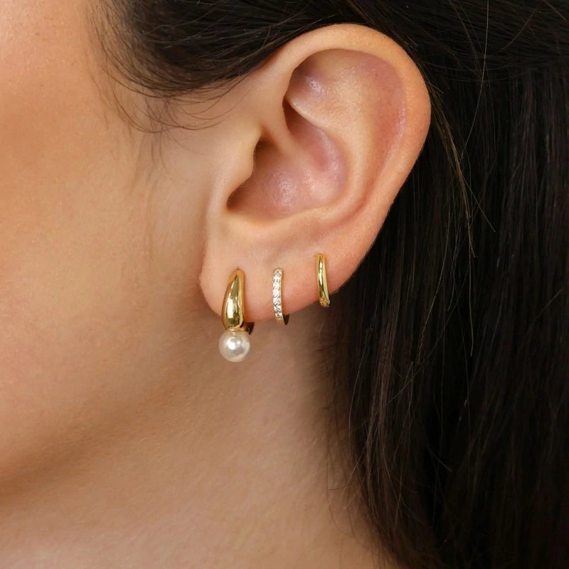 Pearl Earring 14K Gold Plated Big Pearl Drop Earrings, Chunky Hoop Huggie Set