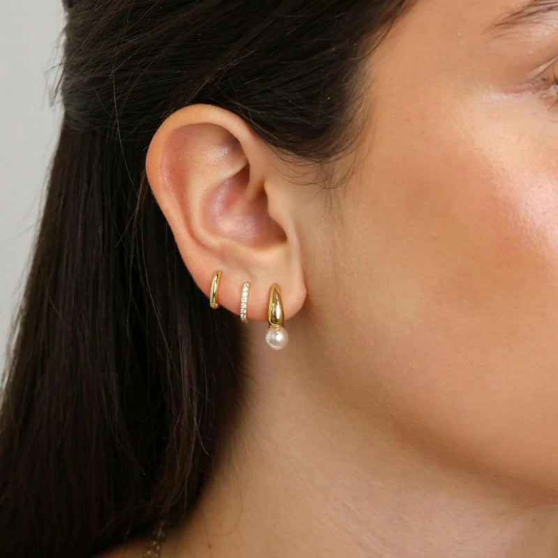 Pearl Earring 14K Gold Plated Big Pearl Drop Earrings, Chunky Hoop Huggie Set
