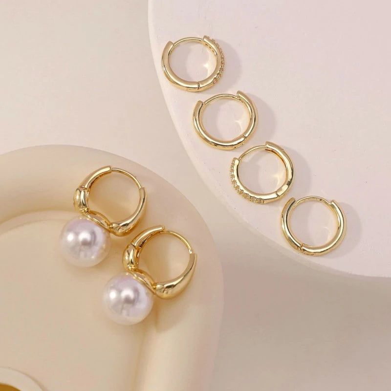 Pearl Earring 14K Gold Plated Big Pearl Drop Earrings, Chunky Hoop Huggie Set