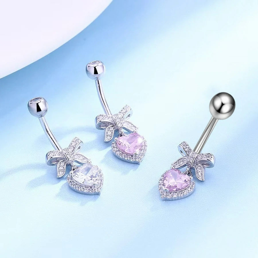 Pink CZ Bow Hearts Belly Button Ring Cubic Zirconia Teardrop Hearts Bowknot Dangle Navel Piercing
