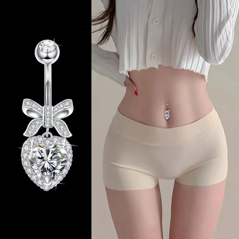 Pink CZ Bow Hearts Belly Button Ring Cubic Zirconia Teardrop Hearts Bowknot Dangle Navel Piercing
