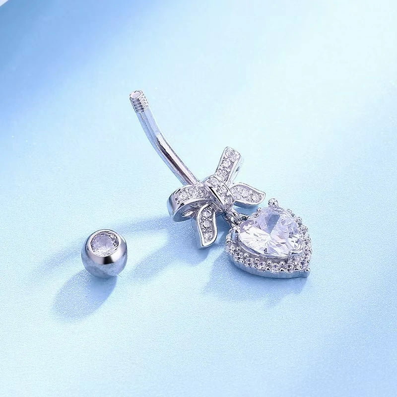 Pink CZ Bow Hearts Belly Button Ring Cubic Zirconia Teardrop Hearts Bowknot Dangle Navel Piercing