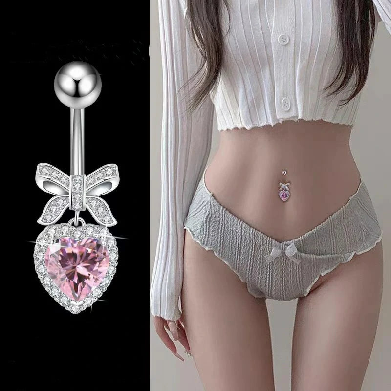 Pink CZ Bow Hearts Belly Button Ring Cubic Zirconia Teardrop Hearts Bowknot Dangle Navel Piercing