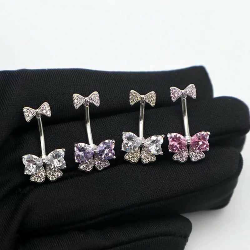 Pink Dainty Mesh Bow Sparkle Gem Cubic Zirconia Navel Dangle Belly Button Ring