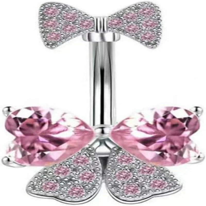 Pink Dainty Mesh Bow Sparkle Gem Cubic Zirconia Navel Dangle Belly Button Ring