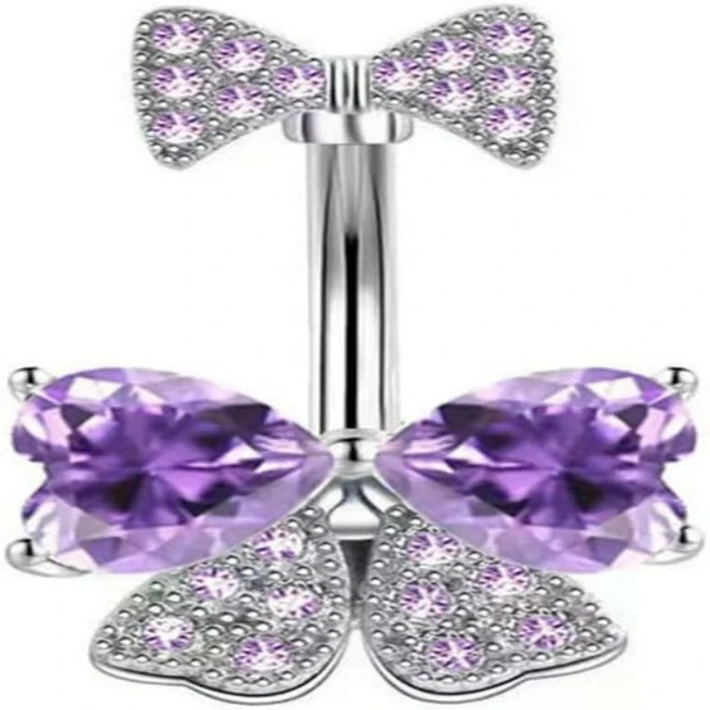 Pink Dainty Mesh Bow Sparkle Gem Cubic Zirconia Navel Dangle Belly Button Ring