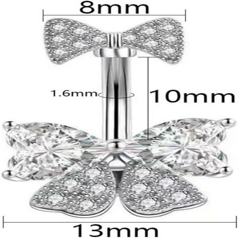 Pink Dainty Mesh Bow Sparkle Gem Cubic Zirconia Navel Dangle Belly Button Ring