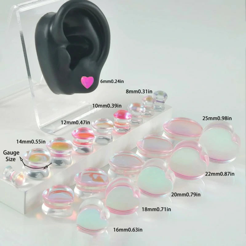 Pink Heart Glass Ear Plugs Tunnels Double Flared Saddle Expander Stretcher Ears Gauge Plug Piercing