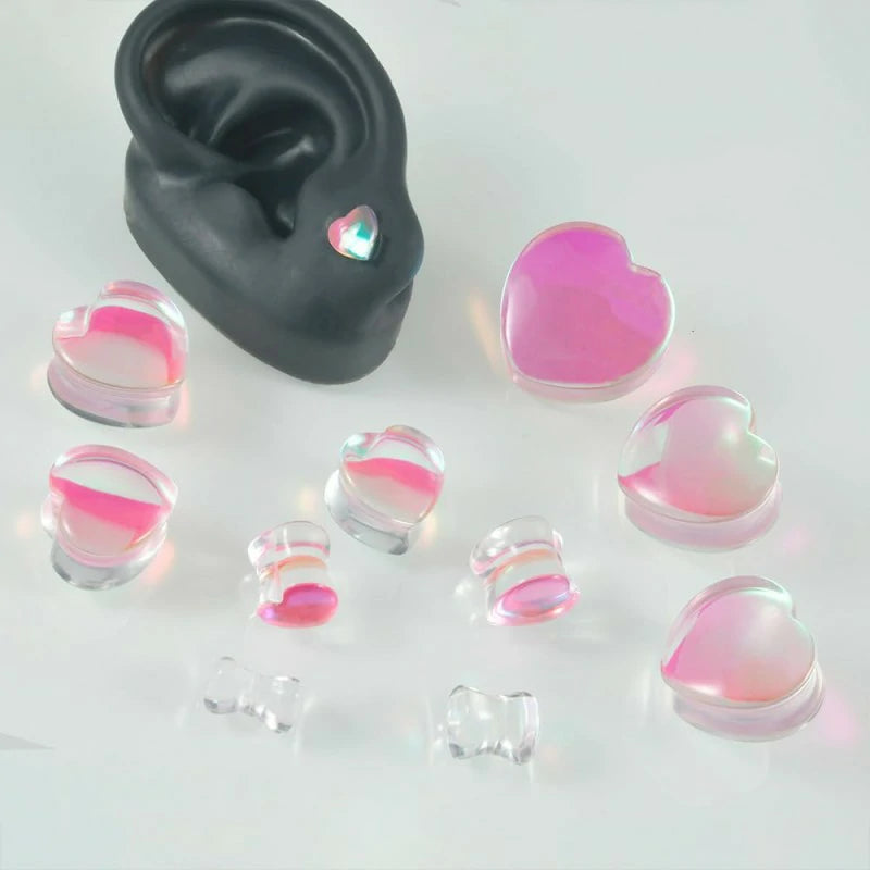 Pink Heart Glass Ear Plugs Tunnels Double Flared Saddle Expander Stretcher Ears Gauge Plug Piercing