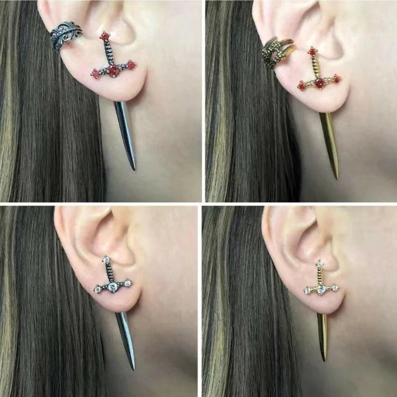 Gothic Sword Earrings Rhinestone Crystal Dagger Earrings Punk Style Sword Dangle Earrings