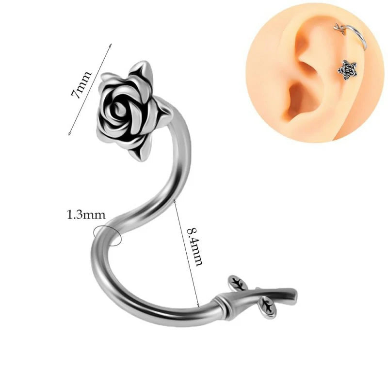 Rose Flower Twist Helix Earrings Spiral Barbell Labret Lip Rings Stainless Steel Cartilage Conch
