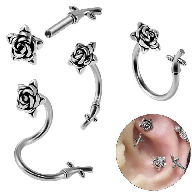 Rose Flower Twist Helix Earrings Spiral Barbell Labret Lip Rings Stainless Steel Cartilage Conch