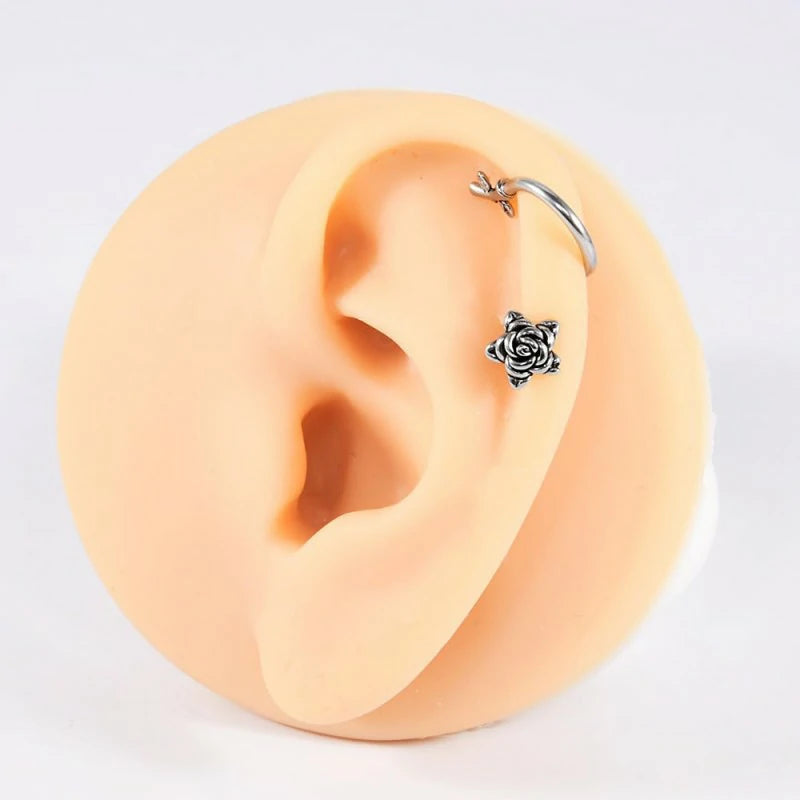 Rose Flower Twist Helix Earrings Spiral Barbell Labret Lip Rings Stainless Steel Cartilage Conch