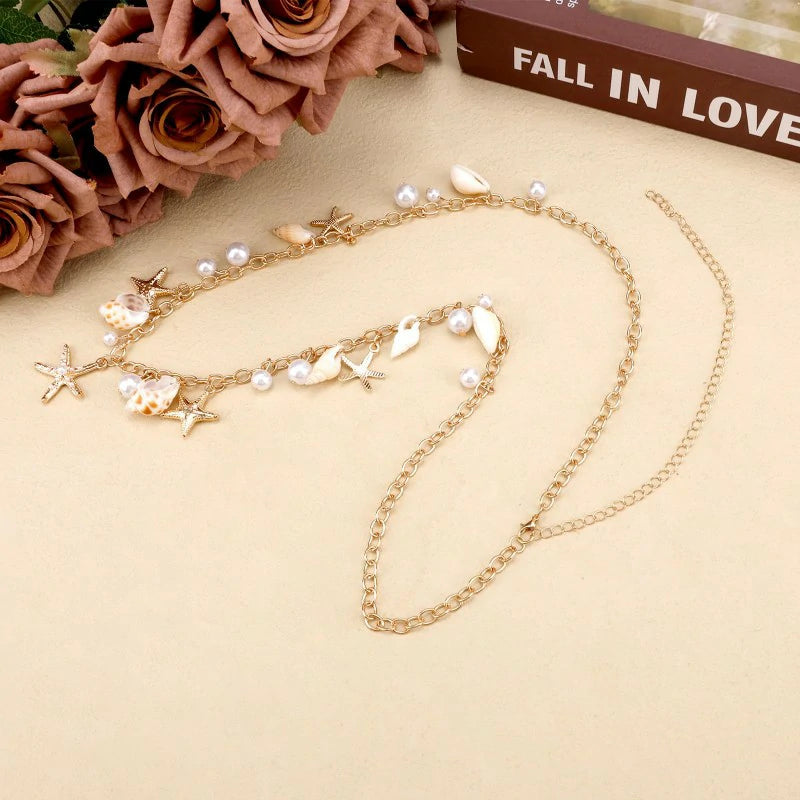 Seashell Starfish Waist Chain Adjustable Starfish Pearl Body Chain Fashionable Summer Boho Beach Belly