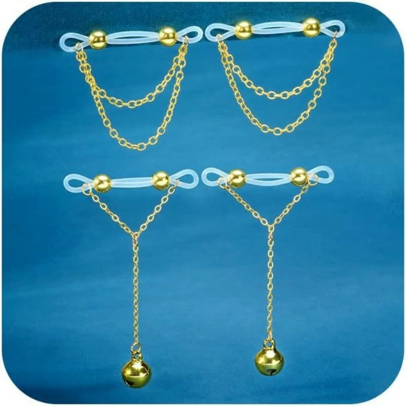 Silver Gold Fake Nipple Rings Non Piercing Nipple Jewelry with Chain Adjustable Elastic Nooses Non Pierced Faux Body Jewelry