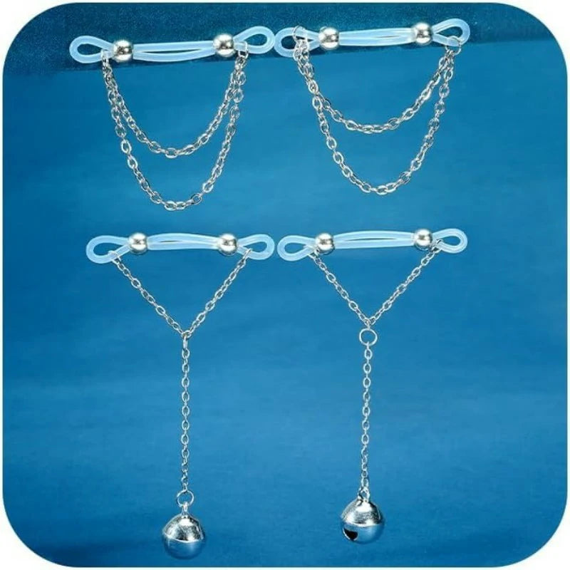Silver Gold Fake Nipple Rings Non Piercing Nipple Jewelry with Chain Adjustable Elastic Nooses Non Pierced Faux Body Jewelry