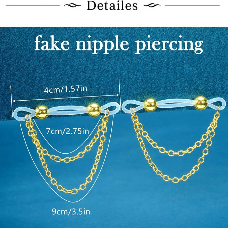 Silver Gold Fake Nipple Rings Non Piercing Nipple Jewelry with Chain Adjustable Elastic Nooses Non Pierced Faux Body Jewelry