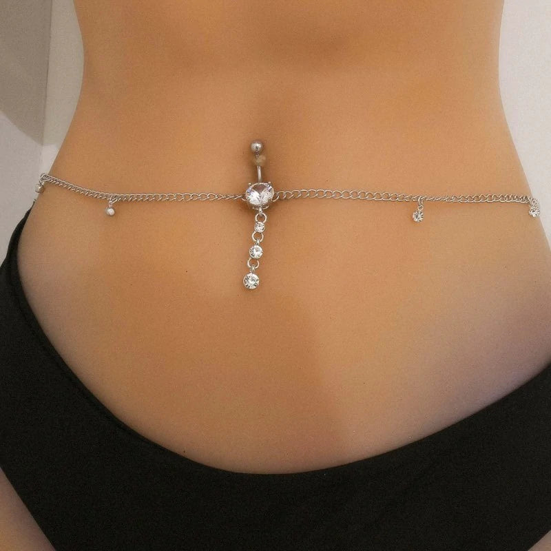 Silver Rhinestone Body Chain Sexy Belly Button Ring with Waist Chain Shiny Crystal Navel Ring