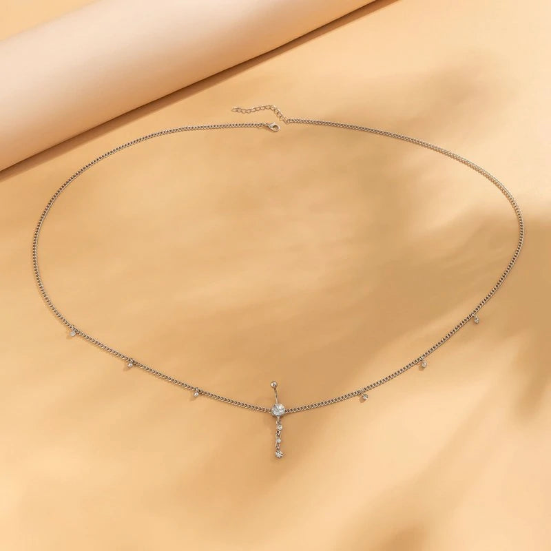 Silver Rhinestone Body Chain Sexy Belly Button Ring with Waist Chain Shiny Crystal Navel Ring