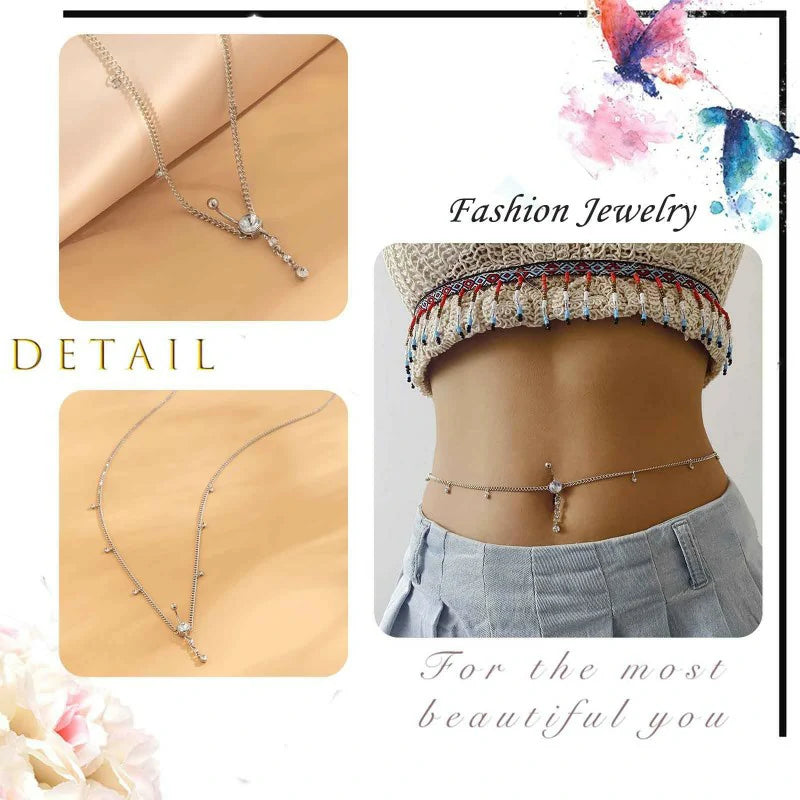 Silver Rhinestone Body Chain Sexy Belly Button Ring with Waist Chain Shiny Crystal Navel Ring