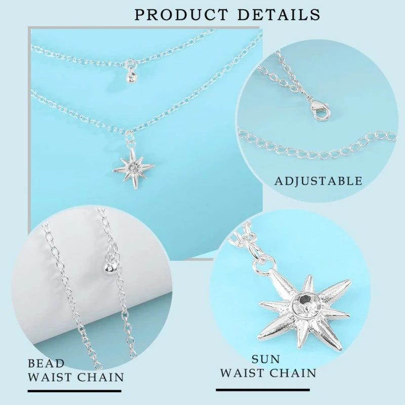 Silver Sun Belly Chain Bikini Body Chain Adjustable Beach Waist Jewelry Accessories