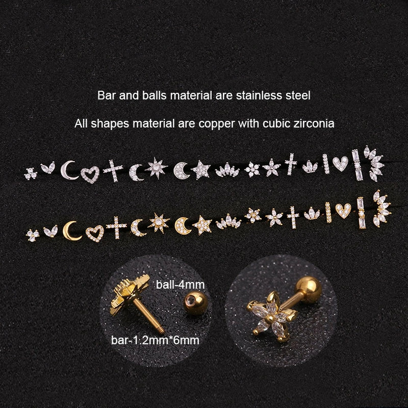 20g Round AB CZ Cartilage Flat Back Screw Piercing Stud Earrings Silver Plated Short Star