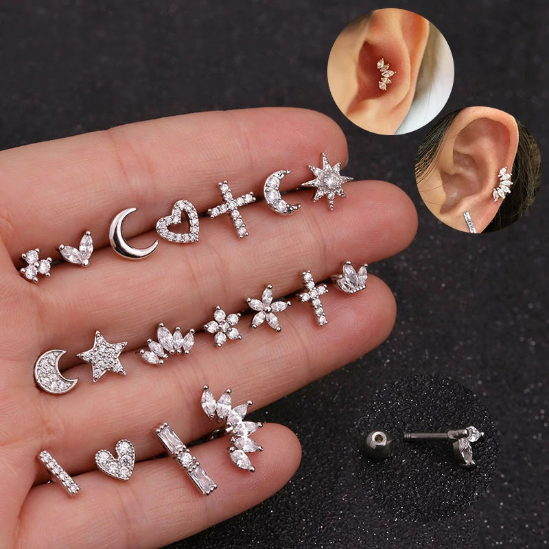 20g Round AB CZ Cartilage Flat Back Screw Piercing Stud Earrings Silver Plated Short Star
