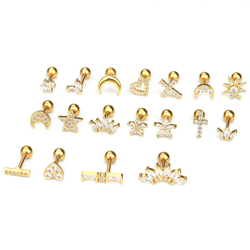 20g Round AB CZ Cartilage Flat Back Screw Piercing Stud Earrings Silver Plated Short Star