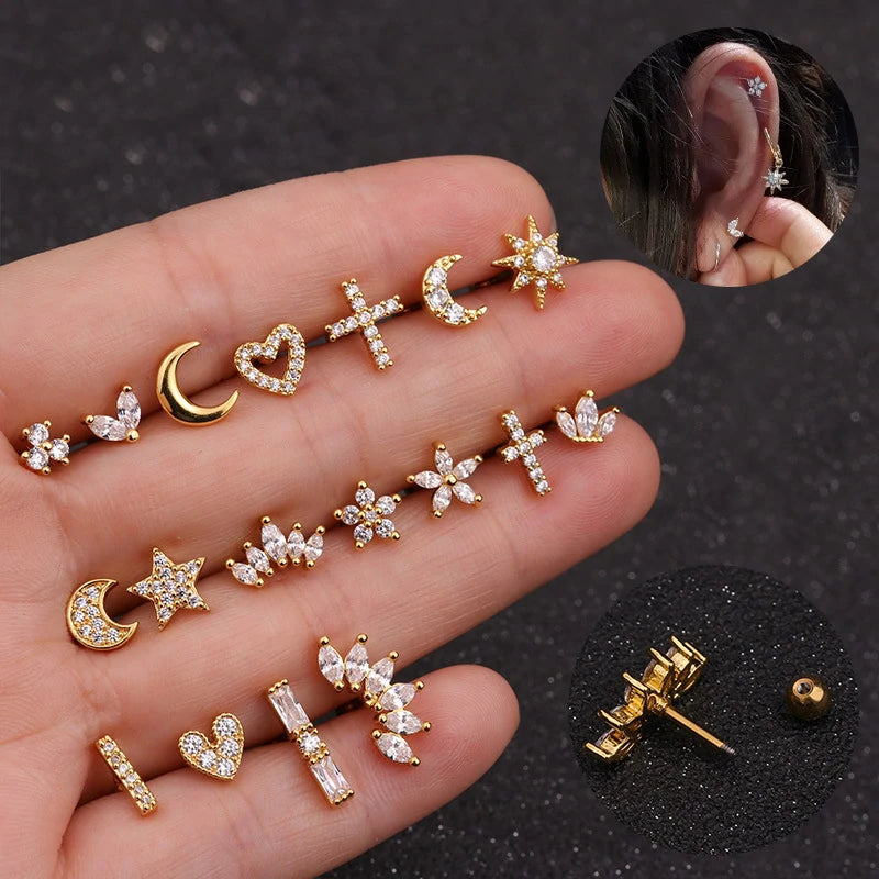 20g Round AB CZ Cartilage Flat Back Screw Piercing Stud Earrings Silver Plated Short Star