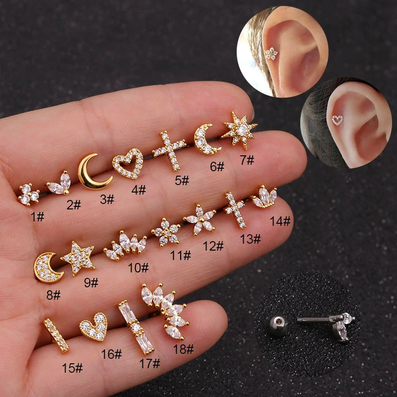 20g Round AB CZ Cartilage Flat Back Screw Piercing Stud Earrings Silver Plated Short Star