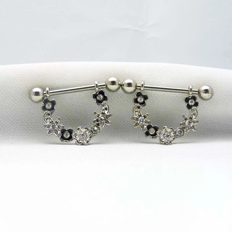 Stainless Steel Barbell Nipple Ring Puma Flower Sold as Pair