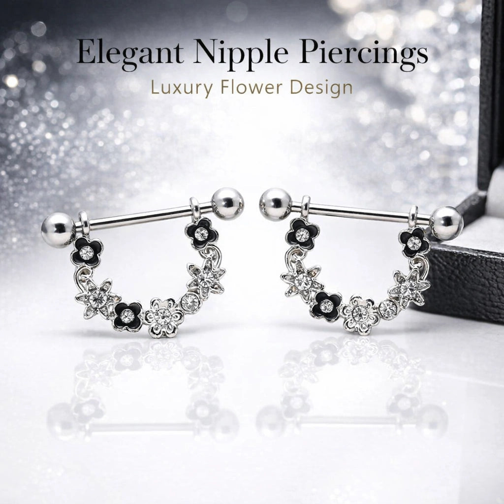 Stainless Steel Barbell Nipple Ring Puma Flower Sold as Pair