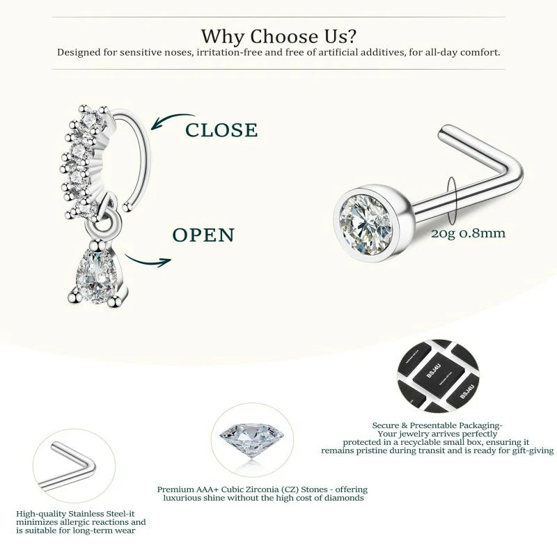 Stainless Steel Hypoallergenic Nose Piercing Jewelry 20G L Shaped Corkscrew Nose Rings