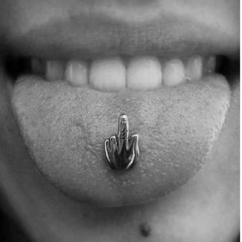 Stainless Steel Middle Finger Gesture Tongue Barbell Stud Piercing