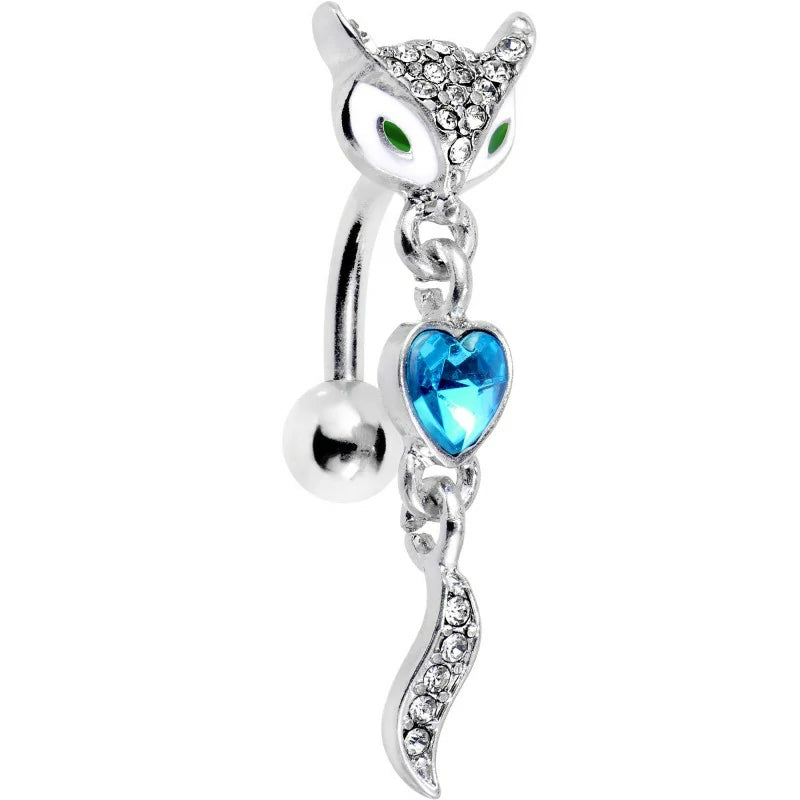 Steel Blue Accent Heart Fierce Foxy Fox Dangle Top Mount Belly Ring