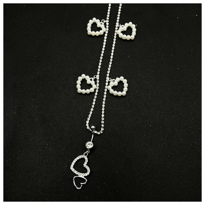 Summer Beach Rhinestone Heart Dangle Belly Button Ring with Waist Chain Rhinestone Piercing Navel Belly Chain