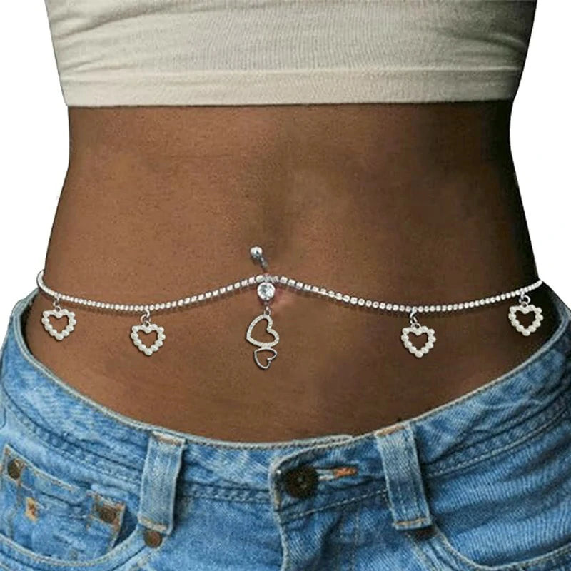 Summer Beach Rhinestone Heart Dangle Belly Button Ring with Waist Chain Rhinestone Piercing Navel Belly Chain