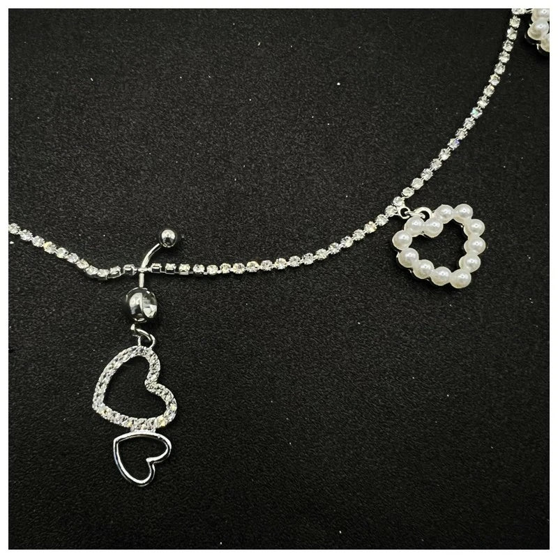 Summer Beach Rhinestone Heart Dangle Belly Button Ring with Waist Chain Rhinestone Piercing Navel Belly Chain