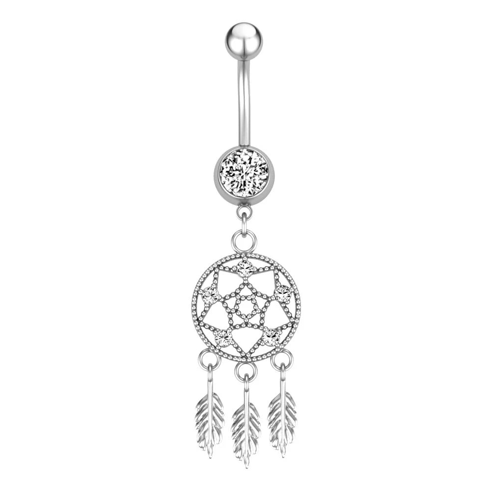 Surgical Steel Double Jeweled Dream Catcher Feathers Dangle Belly Button Ring