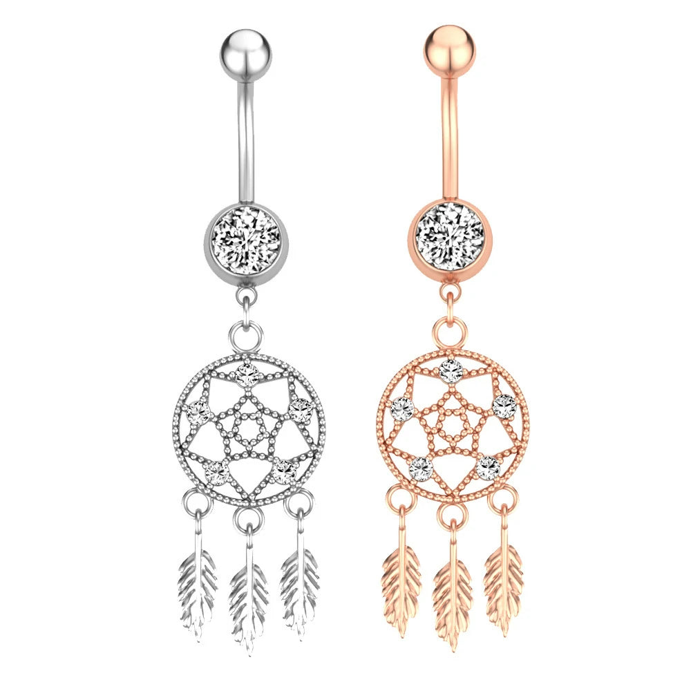 Surgical Steel Double Jeweled Dream Catcher Feathers Dangle Belly Button Ring