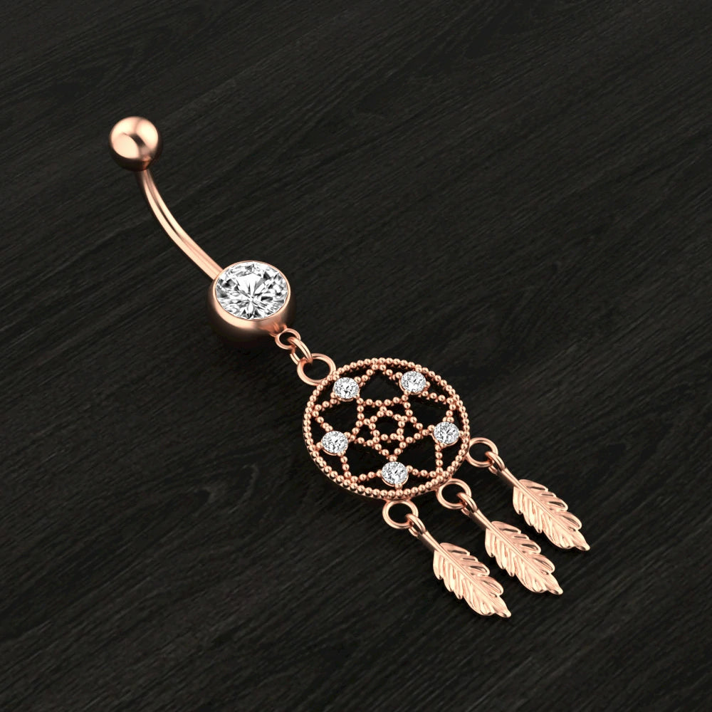 Surgical Steel Double Jeweled Dream Catcher Feathers Dangle Belly Button Ring