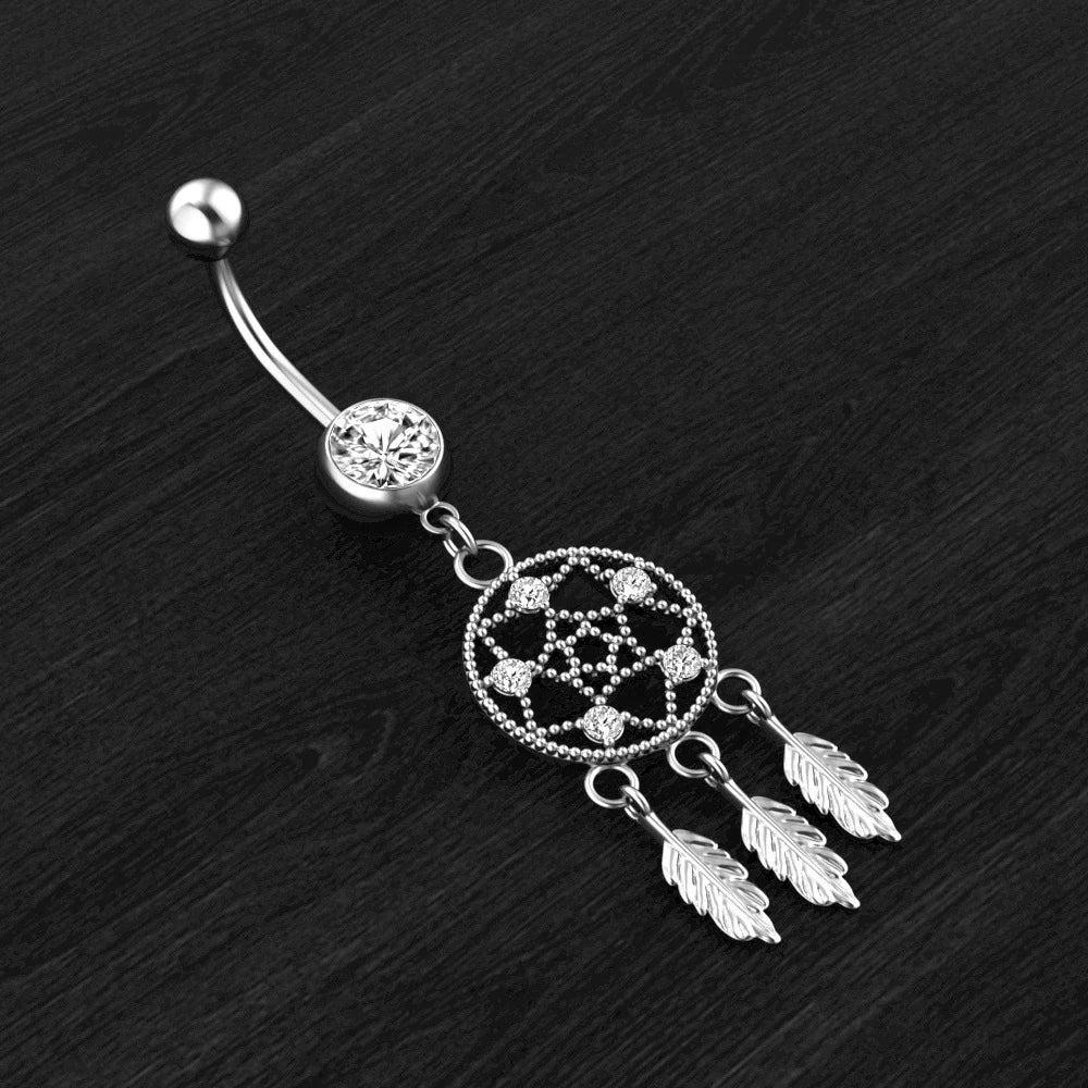 Surgical Steel Double Jeweled Dream Catcher Feathers Dangle Belly Button Ring