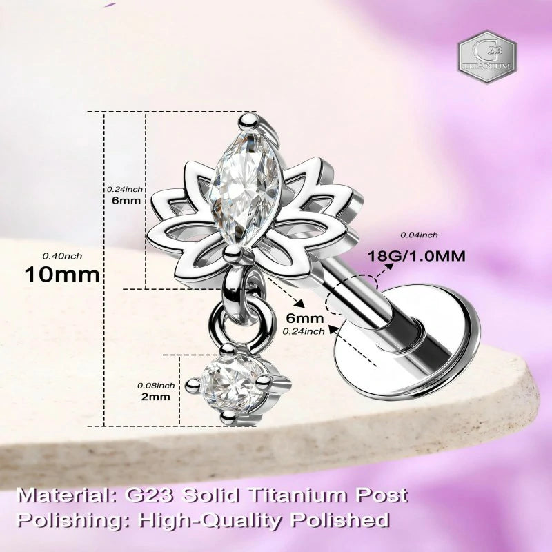 Titanium Threadless Flat Back Nose Stud 6MM Dangle Cartilage Conch Tragus Helix Earrings