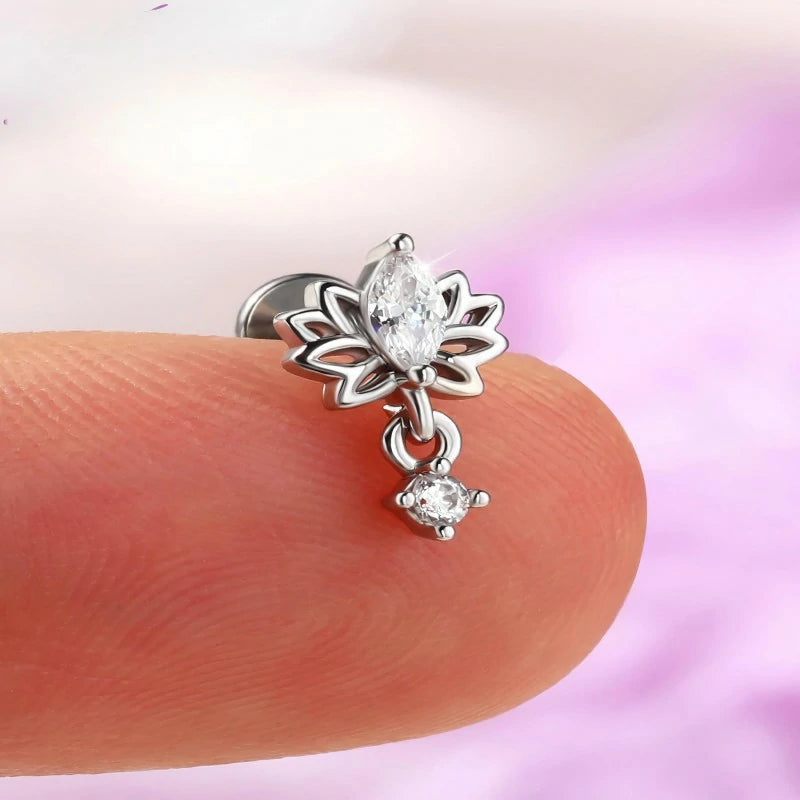 Titanium Threadless Flat Back Nose Stud 6MM Dangle Cartilage Conch Tragus Helix Earrings