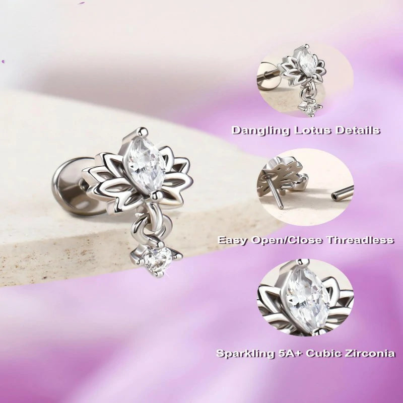 Titanium Threadless Flat Back Nose Stud 6MM Dangle Cartilage Conch Tragus Helix Earrings