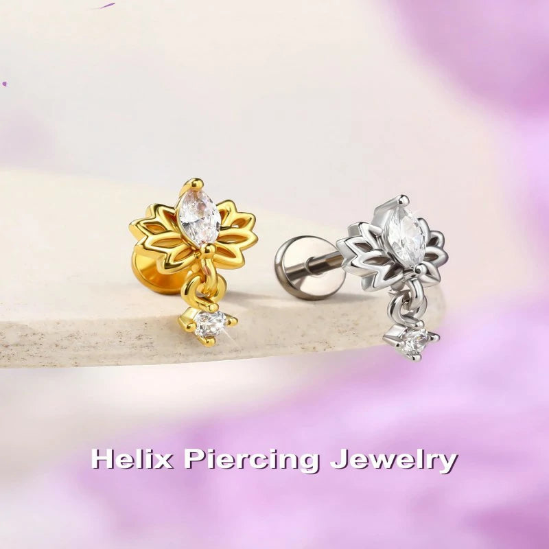 Titanium Threadless Flat Back Nose Stud 6MM Dangle Cartilage Conch Tragus Helix Earrings