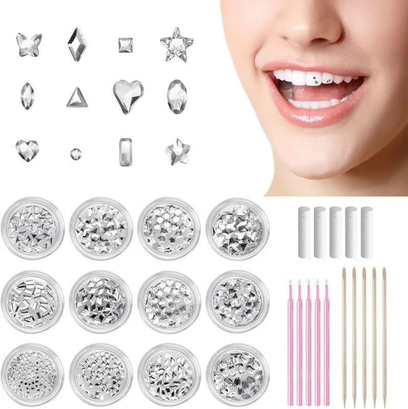 Tooth Gems Kit with Crystals and Diamantes Diamond Jewels for Use Silver Long Lasting Teeth Gem Kits with Star Designs and Ornaments
