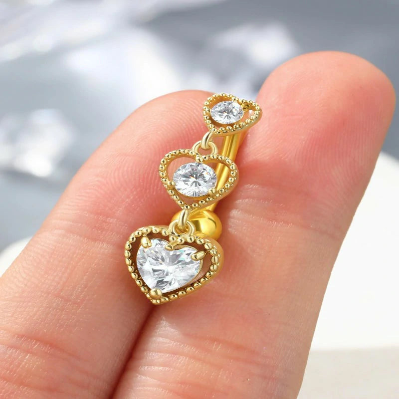 Triple Heart Dangle Belly Button Rings 14G Reverse Navel Rings Dangly Cute Belly