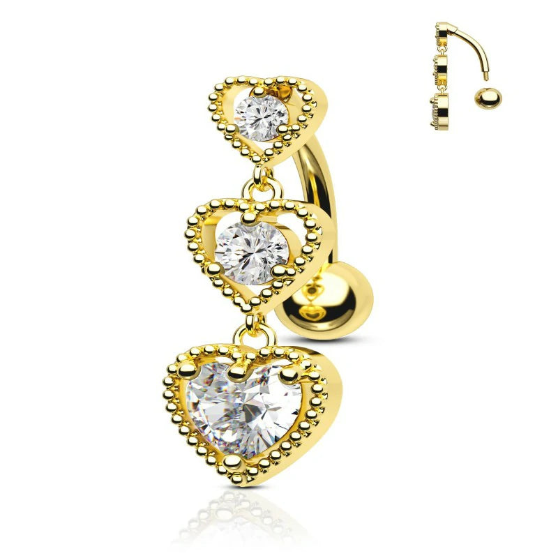 Triple Heart Dangle Belly Button Rings 14G Reverse Navel Rings Dangly Cute Belly